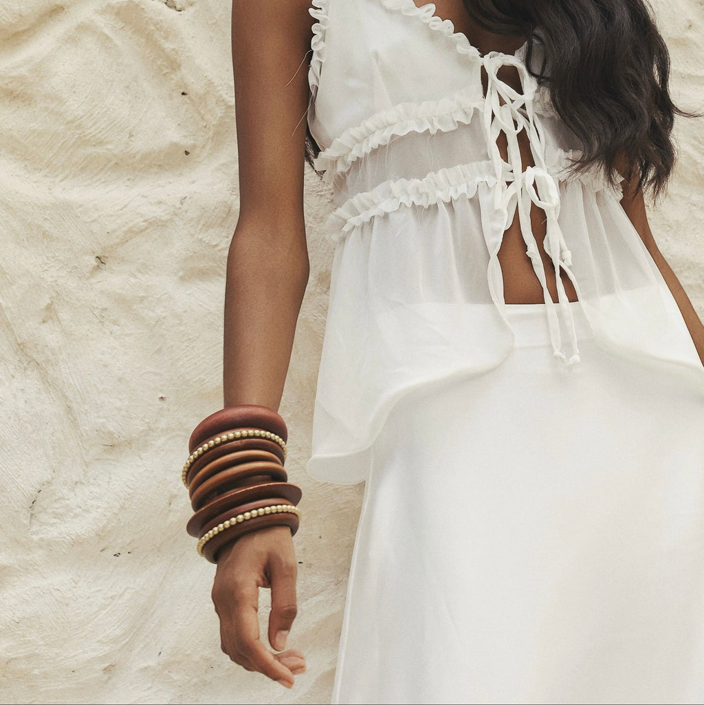 Pulseira Ju - Trio em Madeira com dourado